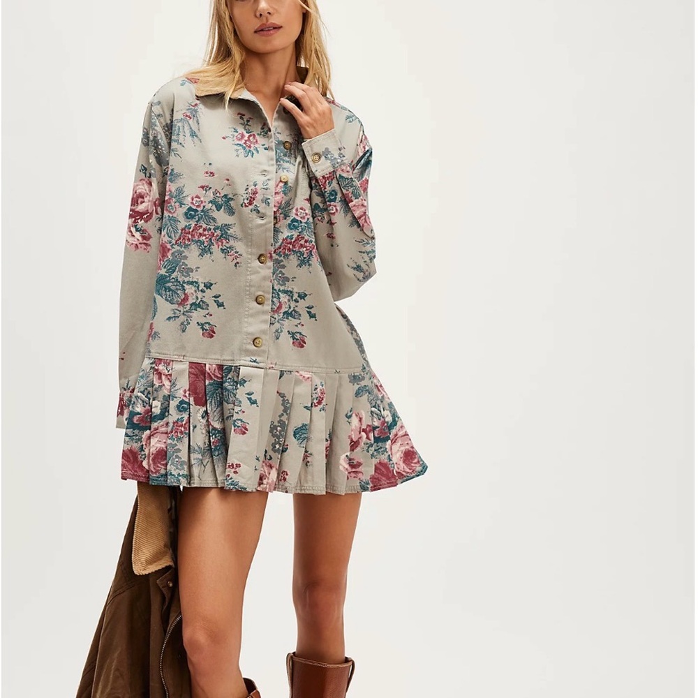 Free People Floral Button-Down Mini Dress - Gray and Pink